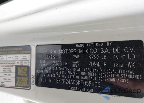 2019 Kia Forte Fe/Lx/Lxs from USA, damaged, VIN 3KPF24AD5KE058905